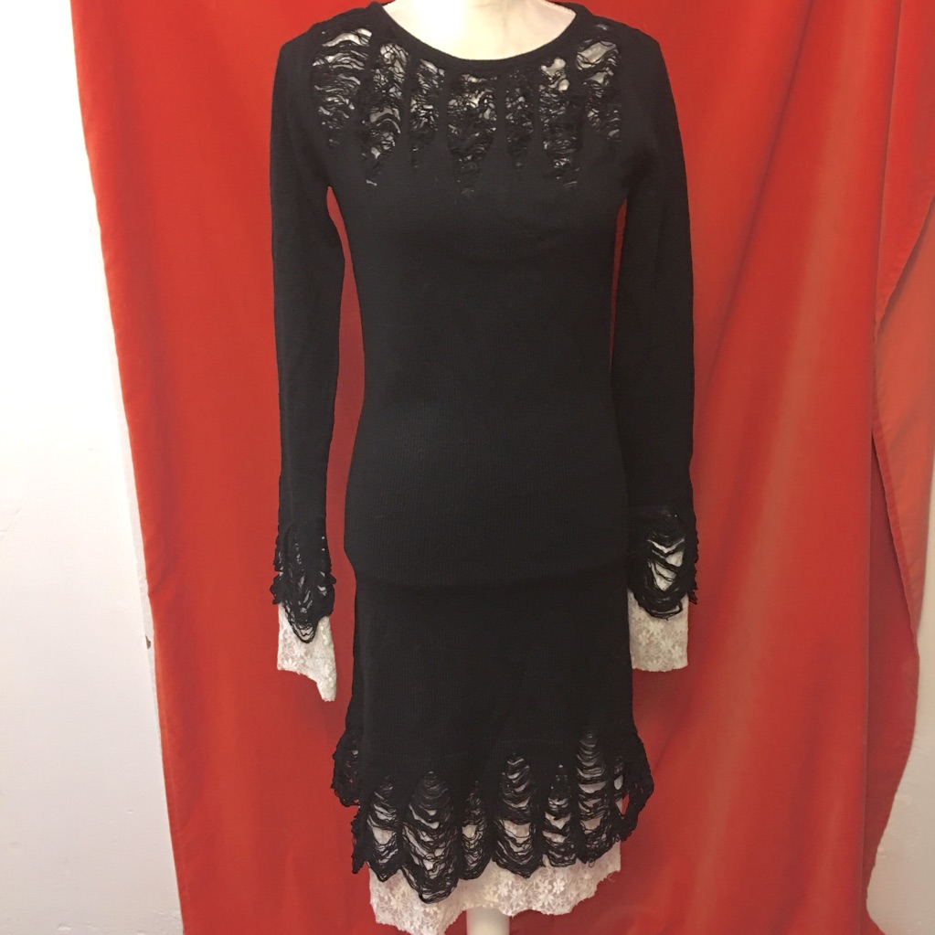 Killstar Frayed Sweater Dress Lace Trim Black Size Small Goth